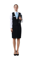 Stewardess in uniform with clipboard on white background
