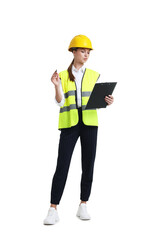 Young engineer in hard hat and reflective vest with clipboard on white background