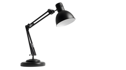 A black lamp with a white shade sits on transparent background. 