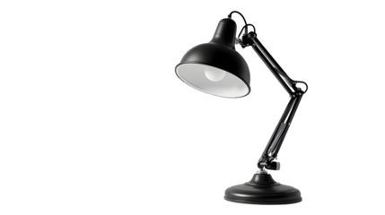 A black lamp with a white shade sits on transparent background. 