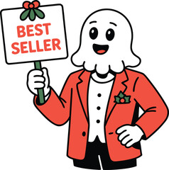 Cute Christmas Ghost Marketing Manager Holding Best Seller Sign	