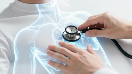 Hologram stethoscope heart check digital chest scan medical exam doctor hand patient care health technology calm anatomy healthcare diagnosis - Powered by Adobe