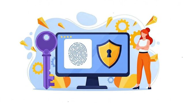 Cybersecurity and Biometric Authentication Concept. 2D Animation of Fingerprint Scan, Shield, and Key