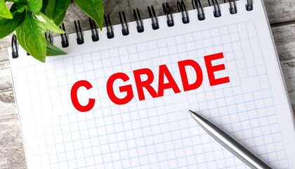 A close-up shot features a notebook on a wooden surface, with bold red text "C GRADE." A silver pen and vibrant green leaves border the image