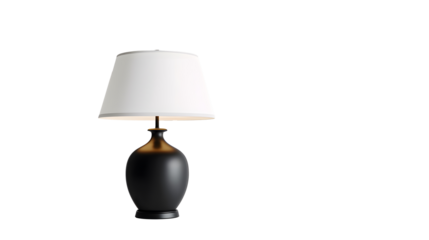A black lamp with a white shade sits on a transparent background. 