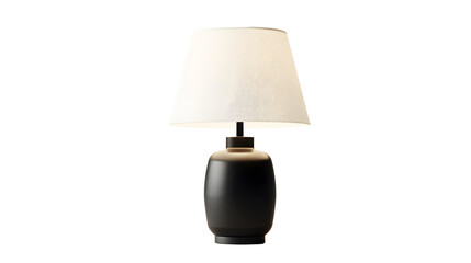 A black lamp with a white shade sits on a transparent background. 