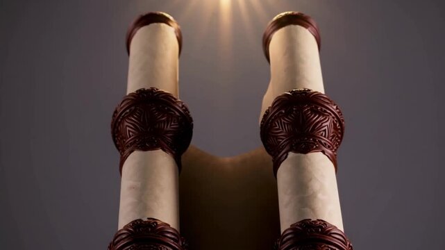 Ancient Scroll: A close-up view reveals a meticulously preserved ancient scroll, its aged parchment and intricate details tell stories of times long past, illuminated by soft light.