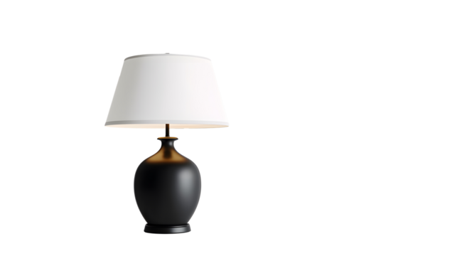 A black lamp with a white shade sits on a transparent background. 