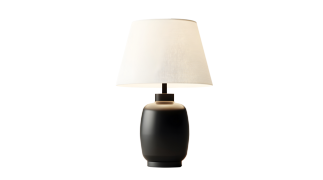 A black lamp with a white shade sits on a transparent background. 