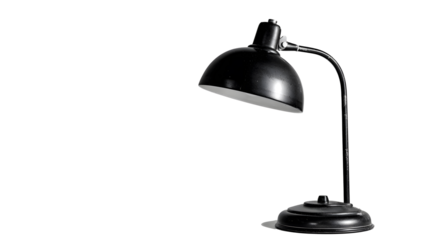 A black lamp with a white shade sits on transparent background. 