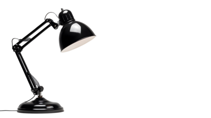 A black lamp with a white shade sits on transparent background. 