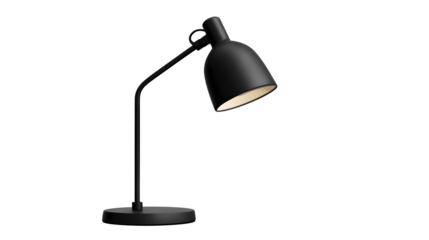 A black lamp with a white shade sits on transparent background. 