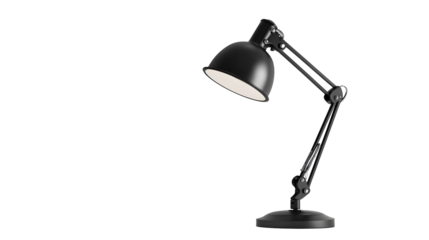A black lamp with a white shade sits on transparent background.