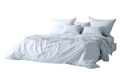 Close up whole empty bed with pillows and blanket isolated on white background 