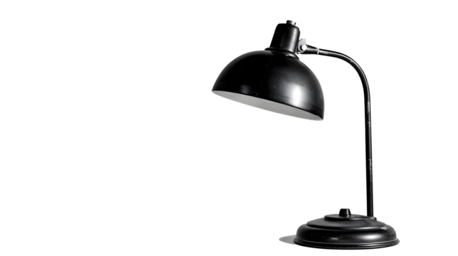 A black lamp with a white shade sits on transparent background. - Powered by Adobe