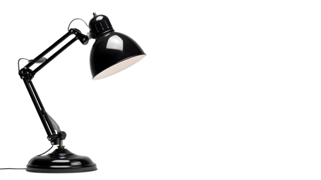 A black lamp with a white shade sits on transparent background. 