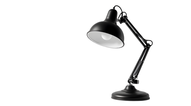 A black lamp with a white shade sits on transparent background. 