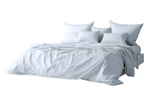 Close up whole empty bed with pillows and blanket isolated on white background 