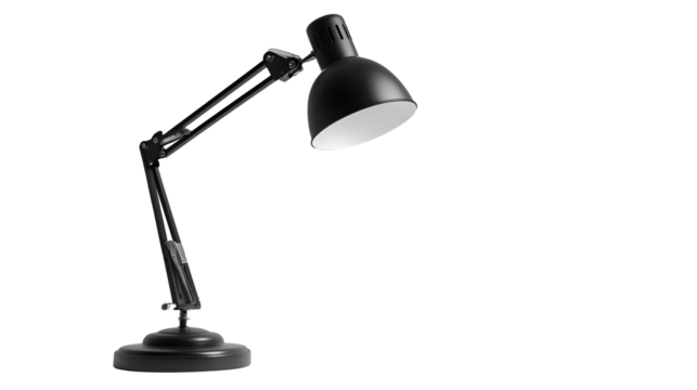 A black lamp with a white shade sits on transparent background. 