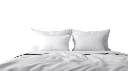 Close up whole empty bed with pillows and blanket isolated on white background 