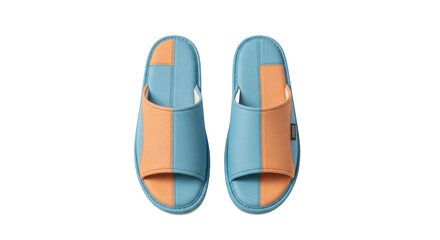 Isolated pair of indoor open toe slippers in light blue and orange color scheme casual footwear