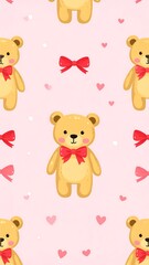 A cute cartoonish pattern on a light pink background featuring teddy bears, red bows, and pink hearts. Small white dots fill the spaces