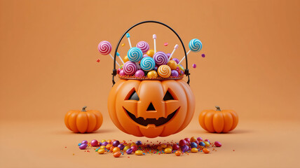 Fototapeta premium 3D Render of Cute Jack-O'-Lantern Candy Bucket Overstuffed with Colorful Lollipops and Sweets on an Orange Background for Trick or Treat and Holiday Promotion3