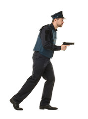 Policeman in uniform with gun on white background