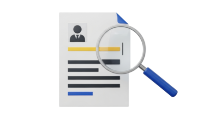 Isolated Resume being reviewed with a Magnifying Glass, a Symbol of Recruitment Process