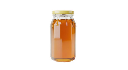 Isolated jar of natural honey with a yellow lid, liquid inside, food and ingredient