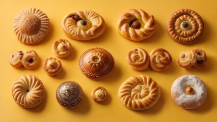 Discover artisanal pastries, freshly baked delights, and sweet treats arranged beautifully for culinary inspiration and commercial use, perfect for marketing.