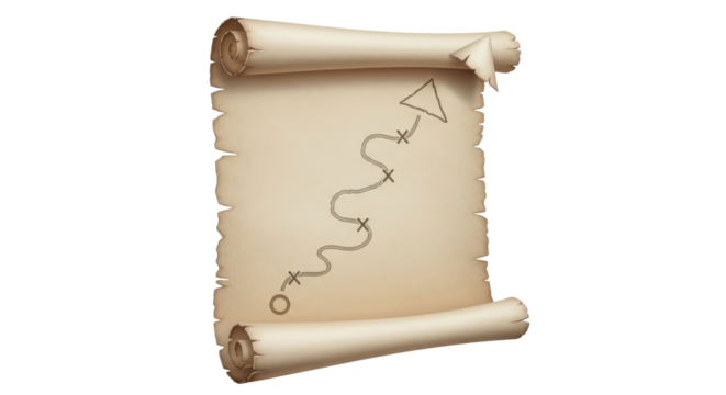 Isolated antique adventure map on aged parchment paper scroll with drawn route guide