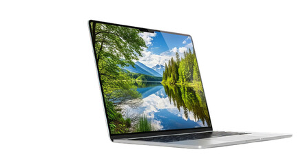 The digital display of a laptop computer shows a green screen under a blue sky, representing adaptable technology for business and communication