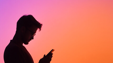 Person using a smartphone with a vibrant background. Modern silhouette against a colorful gradient backdrop. Tech and connectivity concept.