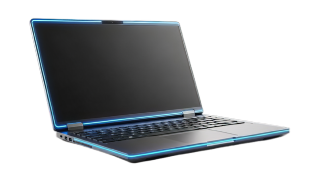 An open silver laptop with a blank display is isolated on a white background for technology and business use