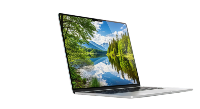 The digital display of a laptop computer shows a green screen under a blue sky, representing adaptable technology for business and communication