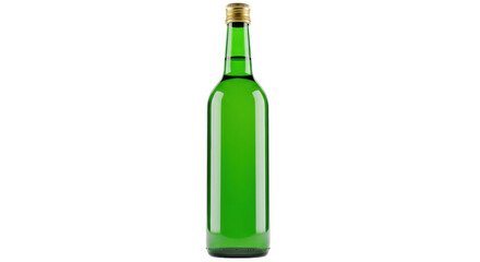 Isolated green glass bottle with golden cap for alcoholic drink, spirit or beverage shot