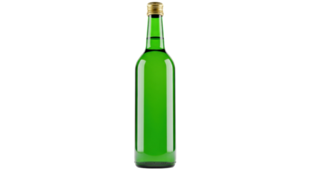Isolated green glass bottle with golden cap for alcoholic drink, spirit or beverage shot