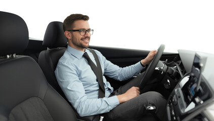 Confident professional man driving car with assurance on isolated transparent view