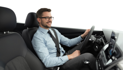 Confident professional man driving car with assurance on isolated transparent view