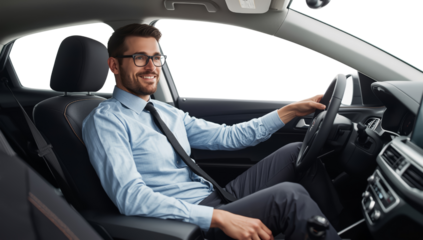 Smiling professional man in light blue shirt confidently driving a modern car with isolated