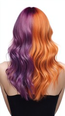 Obraz premium Wavy mid length hair with split dye coloring one half purple the other half orange