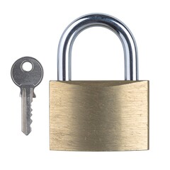 A close-up shot features a shiny padlock and its associated key against a pure white background. The metallic objects are detailed
