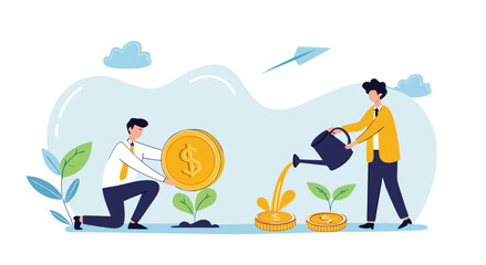 Two businessmen planting coins and watering tiny plants to grow money.

