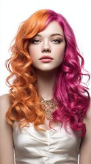 Fototapeta premium Young woman with split dyed vibrant orange and pink curly hair wearing a white top and beaded necklace