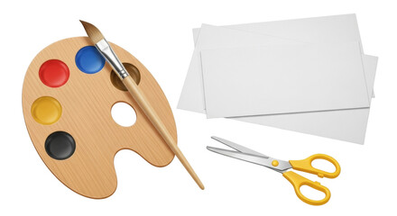 Isolated art supplies for drawing, painting, and cutting crafts at school or at home