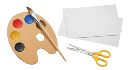 Isolated art supplies for drawing, painting, and cutting crafts at school or at home