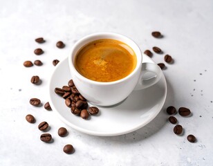A close-up shot features a small white cup filled with coffee on a matching saucer, encircled by coffee beans
