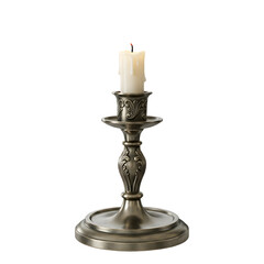 Burning Candle on Ornate Metal Candlestick Against Transparent Background
