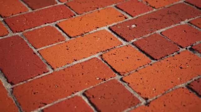 Red Brick Paving Close-Up - A close-up view of red and orange brick pavers arranged in a herringbone pattern. The bricks show a textured surface and are separated by gray mortar joints.